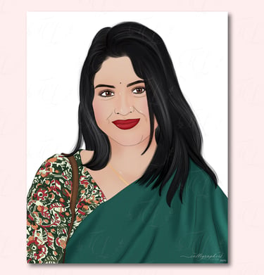 Hand‑drawn digital portrait of a person in a green saree with long black hair, floral blouse, and a subtle smile.
