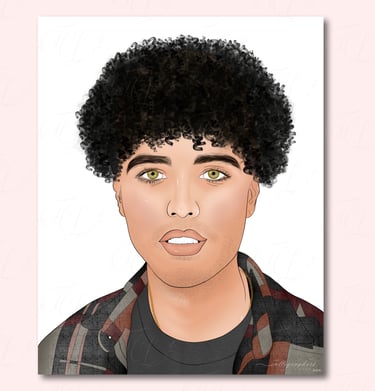 Digital illustration of a man with lots of curly hair on top with big hazel eyes and a plaid short and black t-shirt.