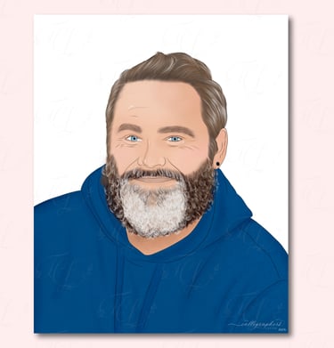 Hand‑drawn digital portrait of a person with a full beard, blue eyes, and short brown hair wearing a blue hoodie.