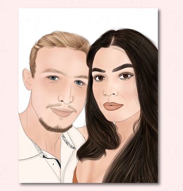 Hand-drawn digital portrait of a couple; man with blond hair and woman with long dark flowing hair.
