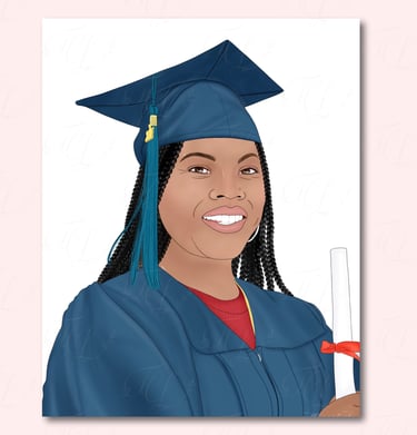 Digital illustration of woman in blue cap and gown with hair styled in braids holding diploma.