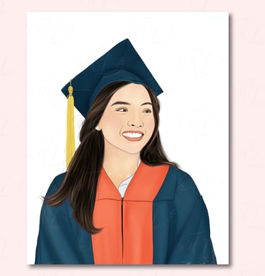 Hand-drawn digital portrait of woman in blue graduation gown with orange panel and gold tassel smiling with long brown hair.