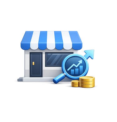 Local business growth icon with shop analytics chart and revenue increase