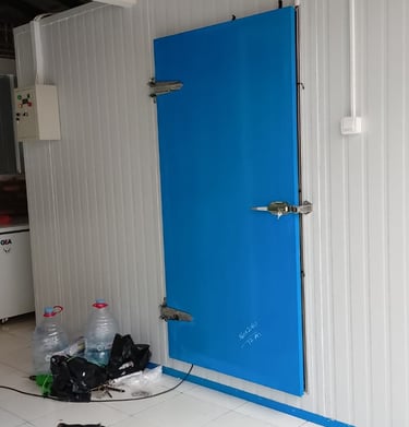 A blue industrial walk-in freezer door installed on white insulated sandwich panels.