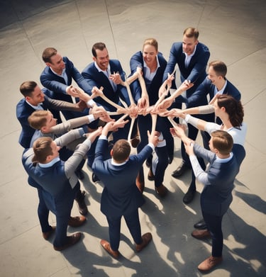 An outdoor team-building exercise with salespeople collaborating in a sunny park.