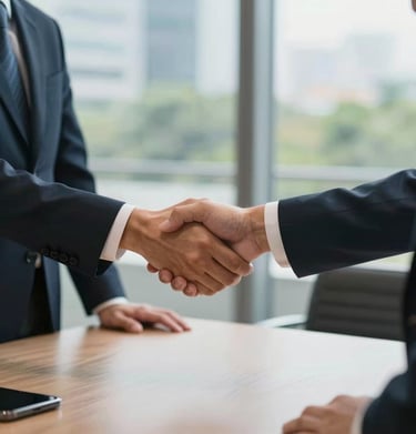 A lifestyle shot of two professionals in a modern Southeast Asian meeting room shaking hands. The focus is on the hands and the clean table surface. The background is a blurred window showing urban greenery. Professional and trustworthy mood.