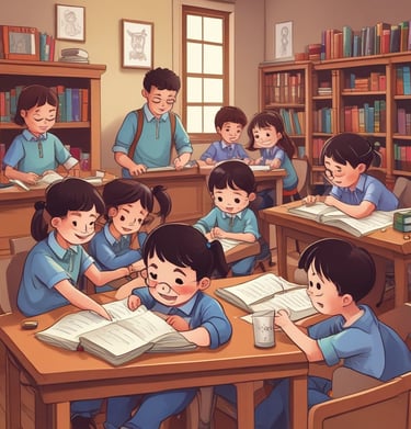 Organizational chart of sekolah contoh with photos of staff members arranged in hierarchy.