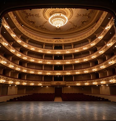 A wide shot of a classical performance in a grand American opera house, with golden balcony lights and a dark gray stage floor.