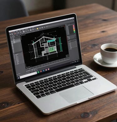 A minimalist overhead shot of a laptop showing architectural CAD software, placed on a dark wooden desk next to a coffee cup.