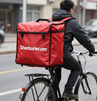 A courier riding a bicycle with a large insulated delivery bag through a scenic Austrian city street.