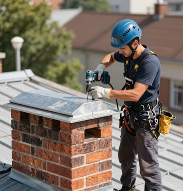 Close-up of a chimney sweep brushing soot from inside a brick chimney.
