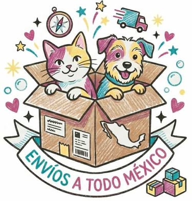 Dibujo de un perro y un gato dentro de una caja de envío para la entrega de productos
