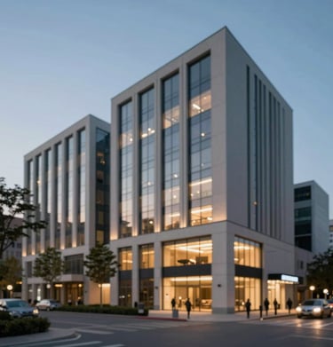 Stunning exterior of a commercial complex at dusk, with warm lights visible through large windows, showcasing architectural principle and precision.