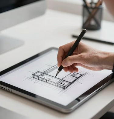 Close-up of a designer's hand sketching on a digital tablet in a clean, professional architecture office setting, with a color palette of #FBF9F6 and #6B6760.