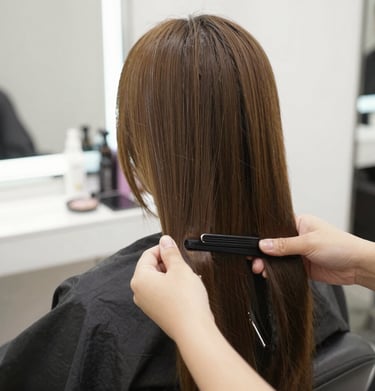 A stylist gently applying hair color in a calm, luxurious salon setting.