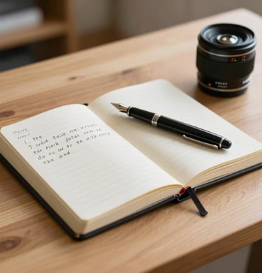 An open diary with handwritten notes and a classic fountain pen, resting on an elegant light wood surface in a North American home.