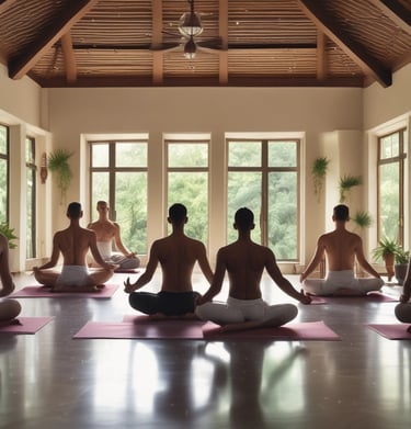 Soft-focus image of Indian woman reading literature on yoga therapy benefits, bathed in warm light.
