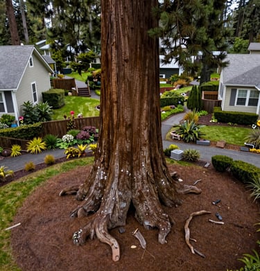Drone shot of the base of a giant sequoia in a residential garden, showing the massive root flare and thick bark. North American Pacific Northwest landscape, Eugene, Oregon. Professional lighting.