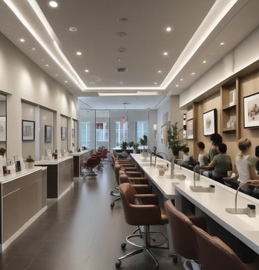 A salon receptionist desk featuring the exilonai AI assistant managing client messages on a futuristic interface.