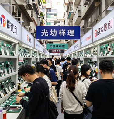 Lozi Shenzhen street scene with colorful market stalls and lively crowds.