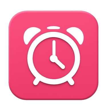 Pink square icon with a white alarm clock symbol.