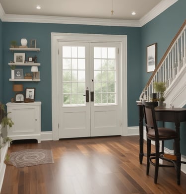 A homeowner smiling as a painter consults on color choices inside a sunlit room.
