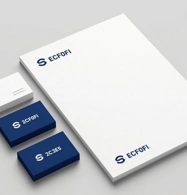Corporate stationery set including business cards and letterhead, all featuring a minimalist logo on #ECF0F1 paper, #2C3E50 accents.