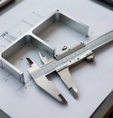 An overhead shot of a technical drawing showing a complex metal partition design, with a pair of professional calipers resting on the paper. High-end, technical, and precise.