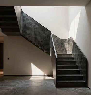 An elegant modern hallway with a dark charcoal metal staircase. The lighting is dramatic, casting long geometric shadows on the soft off-white walls. Industrial elegance at its peak.