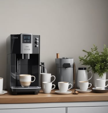 A cozy nook with a light blue armchair, a cream knitted throw, and a small side table holding a steaming cup of tea.