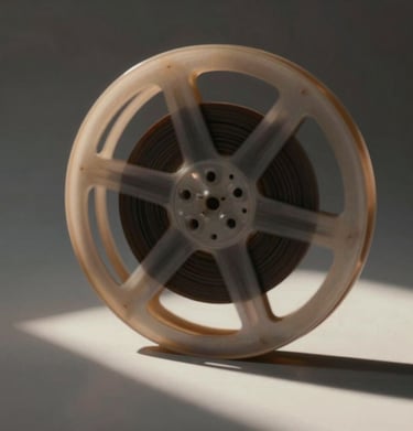 An abstract image showing light filtering through a film reel, casting elegant shadows in #1A1C20 and #A88B57, representing creative potential.