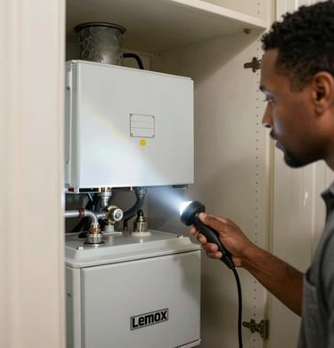 Close-up of an inspector testing electrical outlets with specialized equipment.