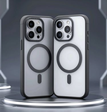 Selection of stylish phone cases in black and gray tones, laid out neatly on a minimalist table.