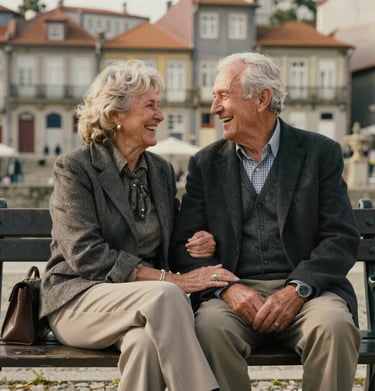 Candid shot of an elderly couple laughing on a park bench in Porto, European / Portuguese fashion, warm cinematic tones, charcoal and sand color palette.