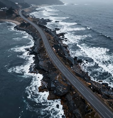 A top-down aerial view of a winding coastal road beside dark, crashing waves. High-fidelity precision mood. Incorporating #1B263B, #415A77, #A0B0C0, #E0E1DD.