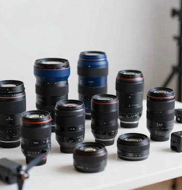 A sleek studio setup showcasing an array of premium camera lenses and drone equipment neatly arranged on a table. Highly professional mood. Incorporating #1B263B, #415A77, #A0B0C0, #E0E1DD.