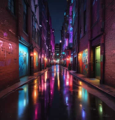 A vibrant street mural featuring bold music notes and digital icons, symbolizing creative energy.