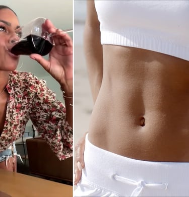 a woman drinking a glass of wine and a glass of wine