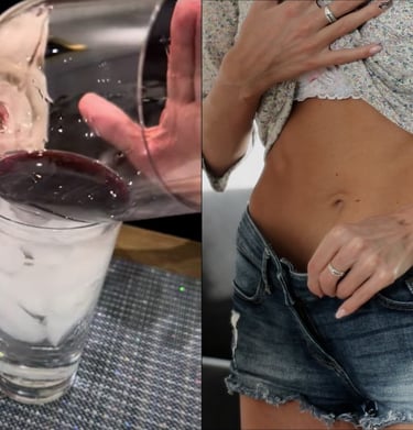 a woman in a short skirt and a glass of wine