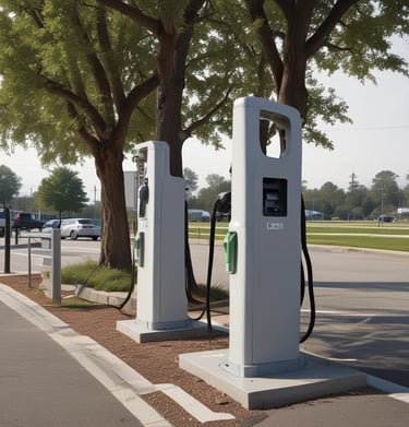 Electric vehicle charging station with several cars plugged in under a sunny sky.