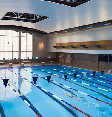 a swimming pool with flags and flags on it