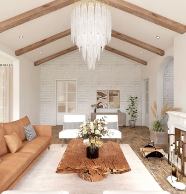 FayNza : Vaste salon lumineux avec canapé camel, cheminée et poutres apparentes, design écoresponsable par FayNza