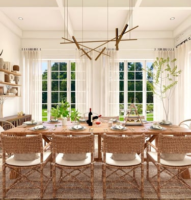 FayNza, Grande salle à manger lumineuse avec table en bois massif et chaises en rotin