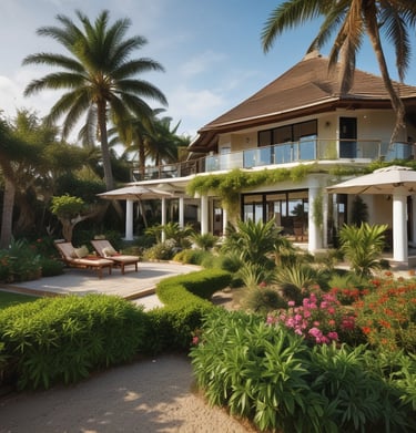 A serene beach house with ocean waves gently lapping at the shore.