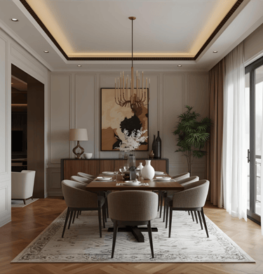 Elegant dining space with curated furniture for mindful gatherings