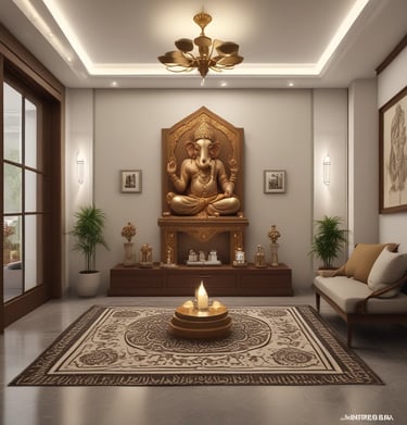 Sacred home mandir with Lord Ganesh idol designed for peaceful prayer and meditation