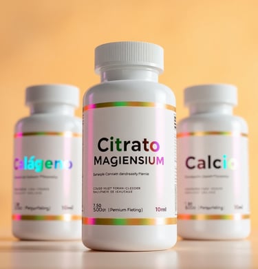 Tres botellas blancas de suplementos etiquetadas como 'Colágeno', 'Citrato de Magnesio' y 'Calcio'
