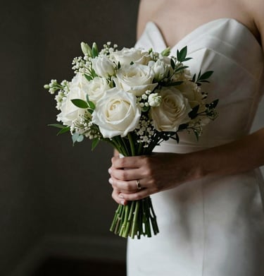 Close-up of a bride's hands holding a bouquet, delicate lighting, high contrast photography, minimalist background, elegant social event style.