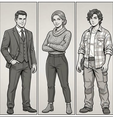 3 black-and-white image of 3 individuals standing: a man in a suit, a woman in turtleneck, a non-binary person in shirt 