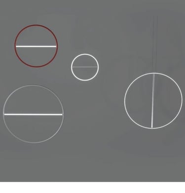 Luminaria JOJO LIGHT con diseño gráfico de aros y líneas suspendidas sobre fondo gris